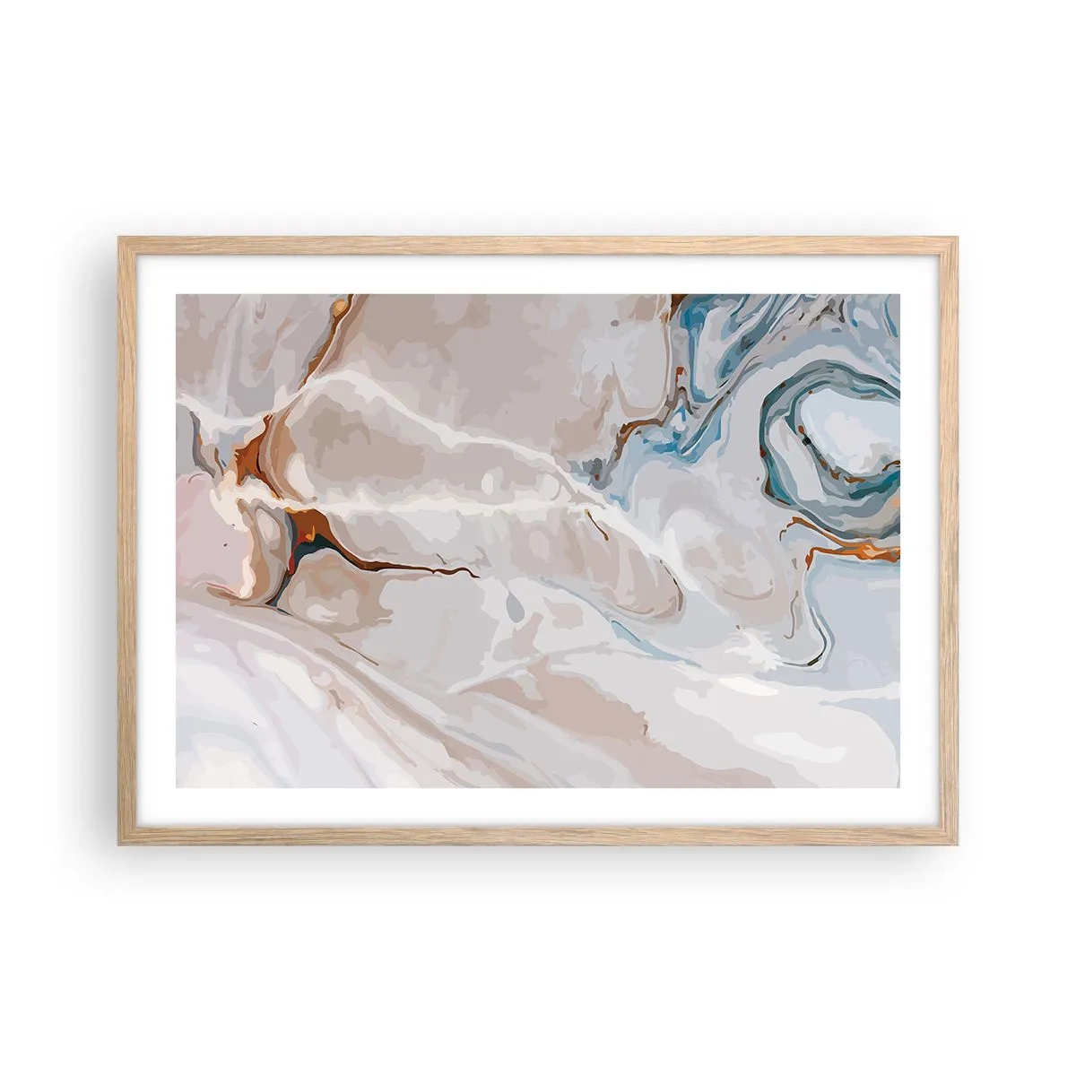 Pôster com moldura de carvalho claro - Meandros azuis sob branco - 70x50 cm