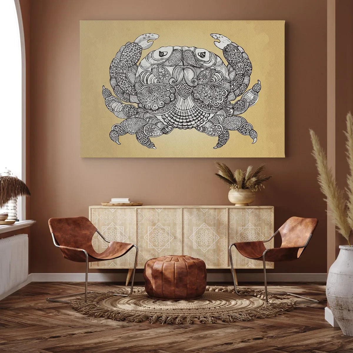 Quadro em tela - Desenho decorativo de um caranguejo sobre fundo dourado - 70x50cm - Contos do Sr. Caranguejo - Decoração de parede moderna para a sala de estar e quarto ARTTOR