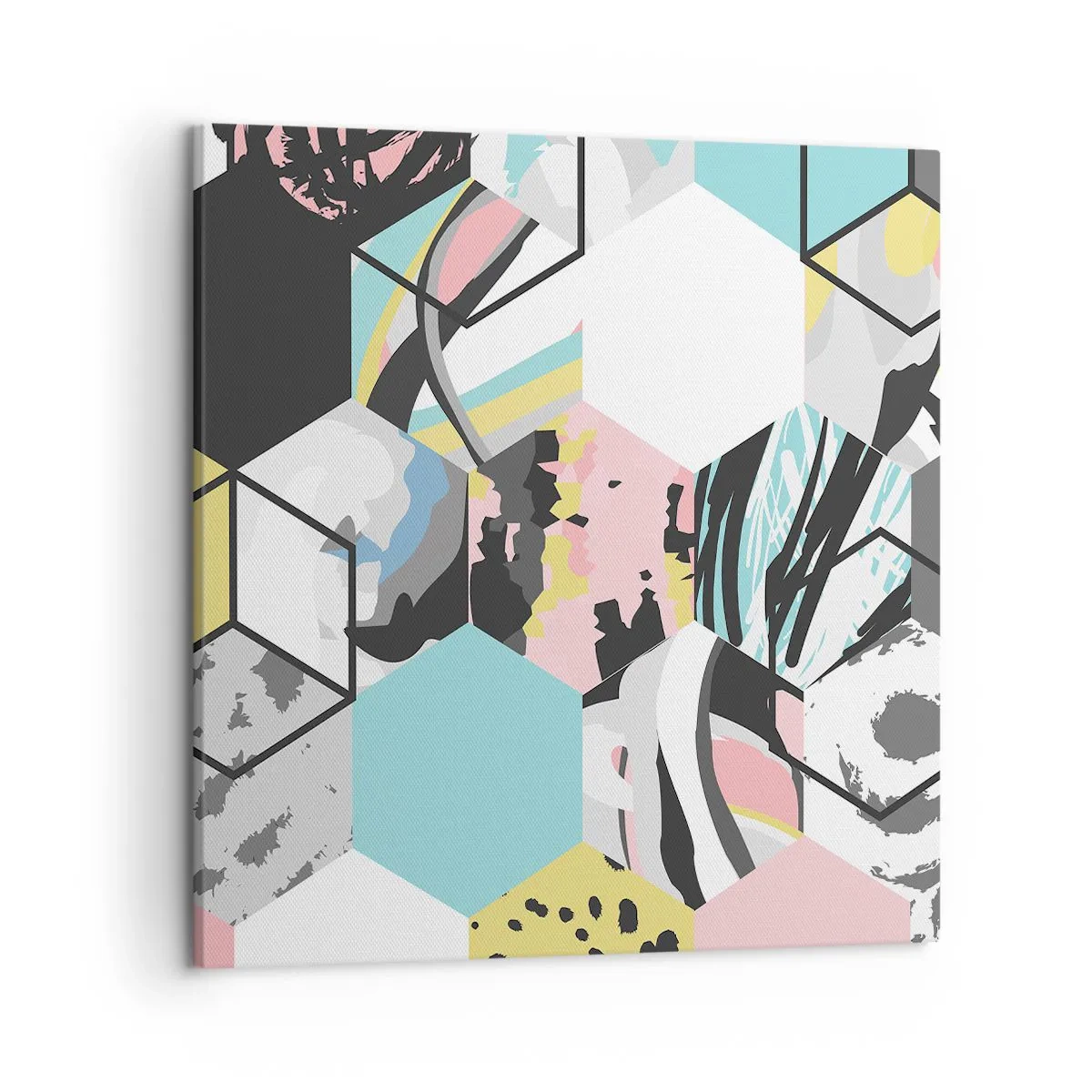 Quadro em tela - Hexágonos e cubos em seis cores - 50x50 cm