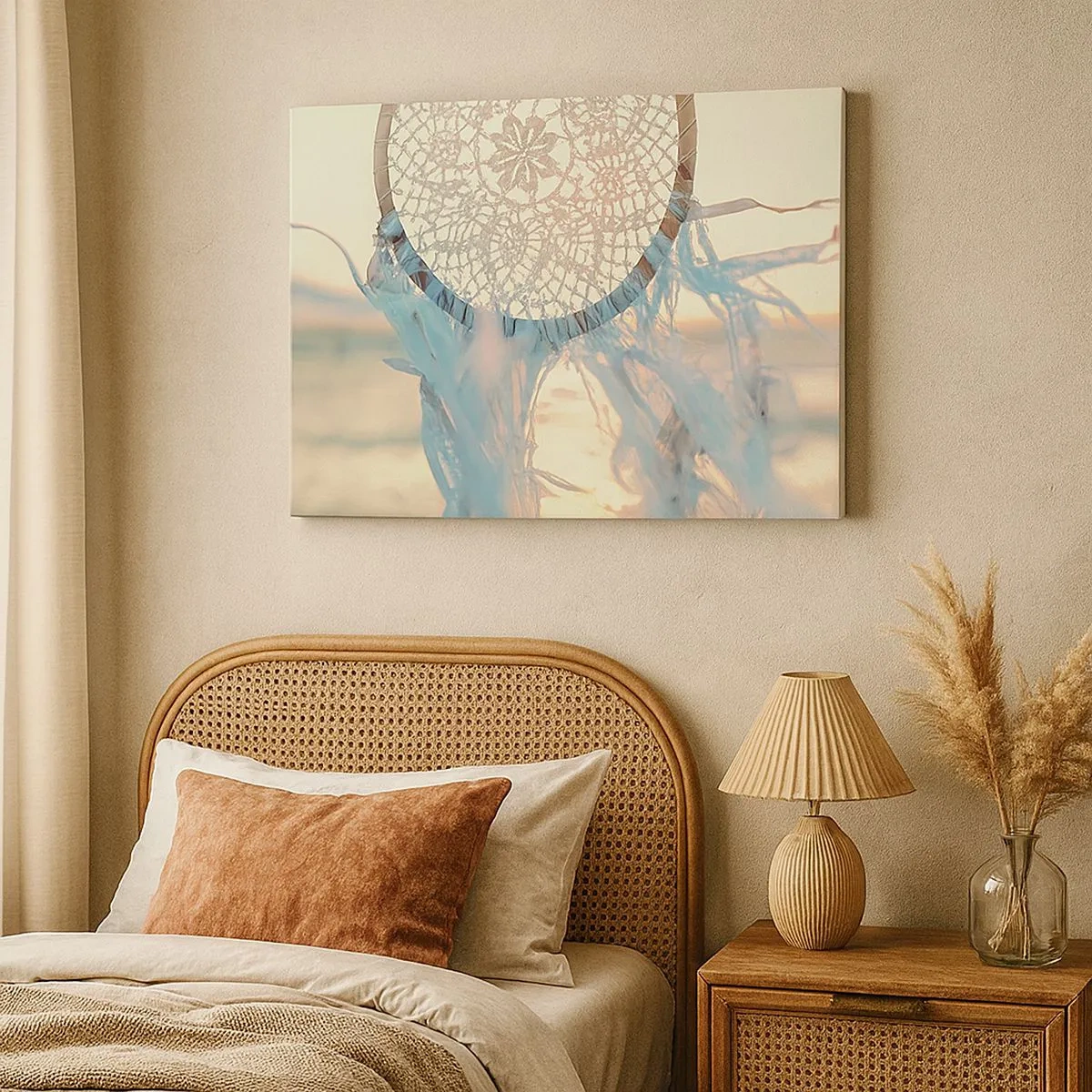 Quadro em tela - Um delicado apanhador de sonhos com o pôr do sol como pano de fundo - 70x50cm - Totem de renda - Decoração de parede moderna para a sala de estar e quarto ARTTOR