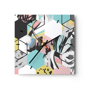 Relógio de parede - Relógio em vidro - Hexágonos e cubos em seis cores - 40x40 cm