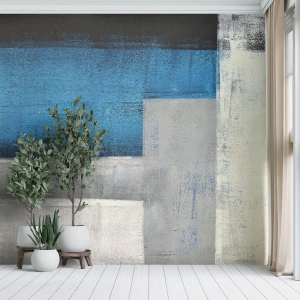 Papel de Parede Premium Sand - Uma composição poética de cinza e azul - Abstração, Pedaço, Pintura - 100x70 cm