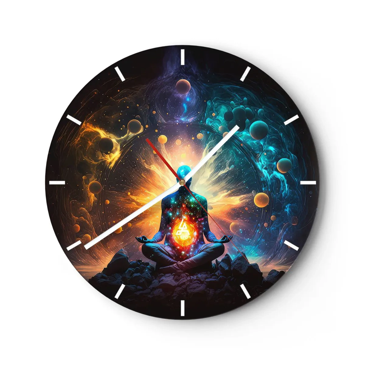 Relógio de parede - Relógio em vidro - Uma figura em meditação cercada por energia cósmica e planetas. - 30x30cm - Paz cósmica - Decoração de parede moderna para a sala de estar, cozinha e quarto ARTTOR