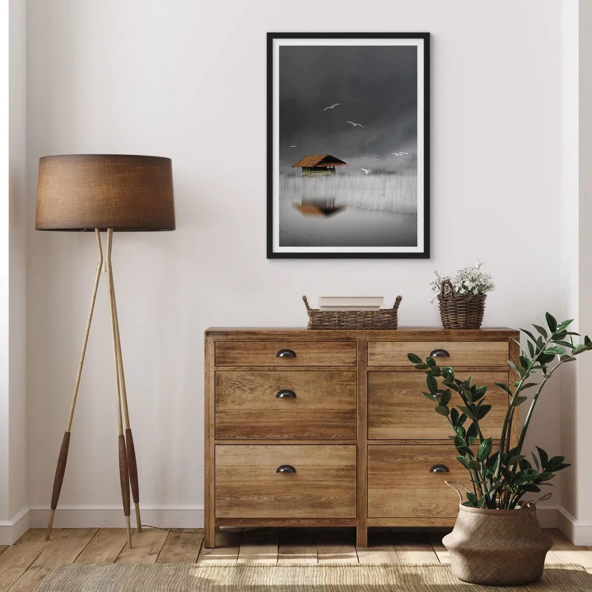 Pôster com moldura preta - Uma casa flutuante cercada por neblina com pássaros contra um fundo escuro - 50x70cm - Abrigo da chuva - Decoração de parede moderna para a sala de estar e quarto ARTTOR