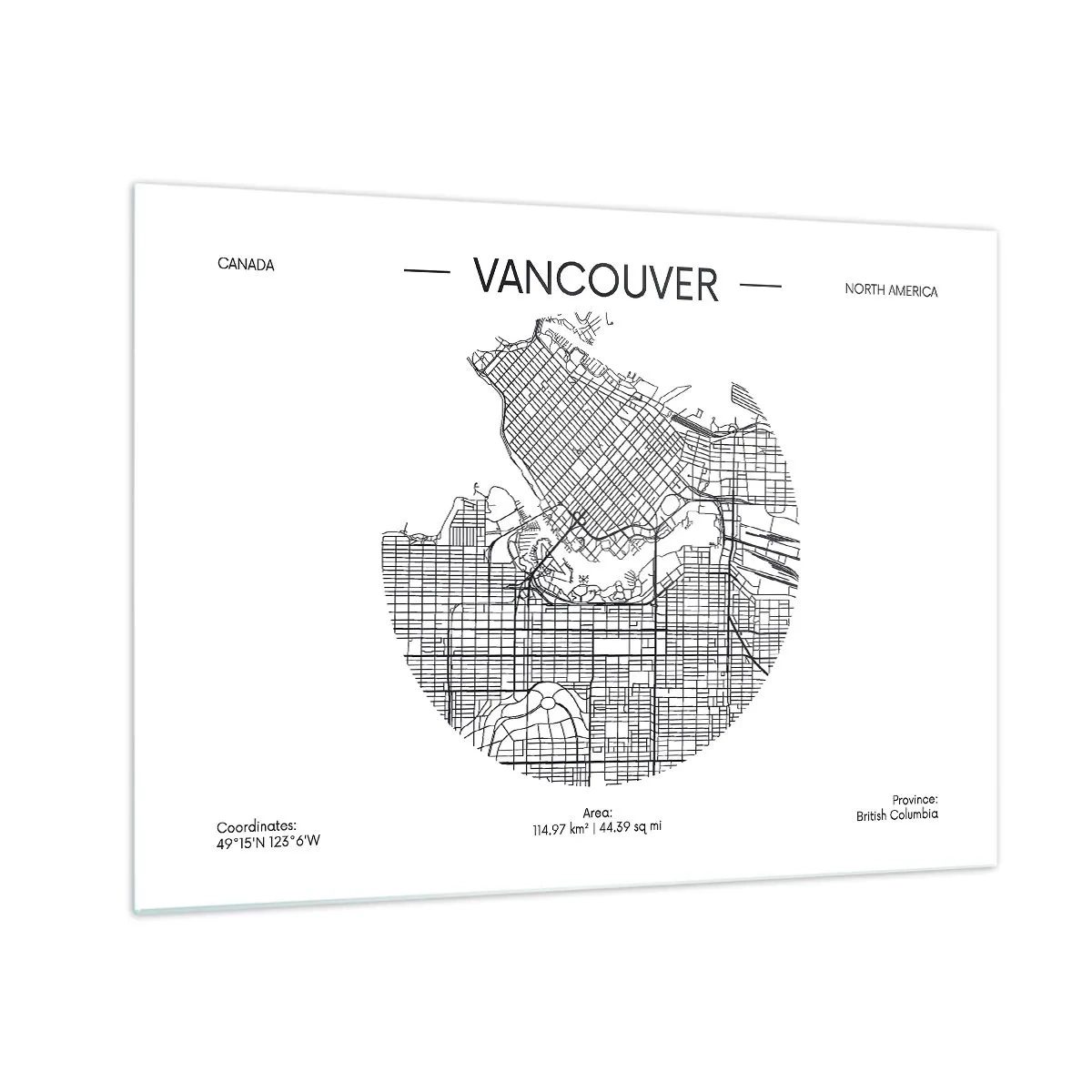 Quadro em vidro - Mapa de ruas em preto e branco de Vancouver - 70x50cm - Anatomia de Vacouver - Decoração de parede moderna para a sala de estar e quarto ARTTOR