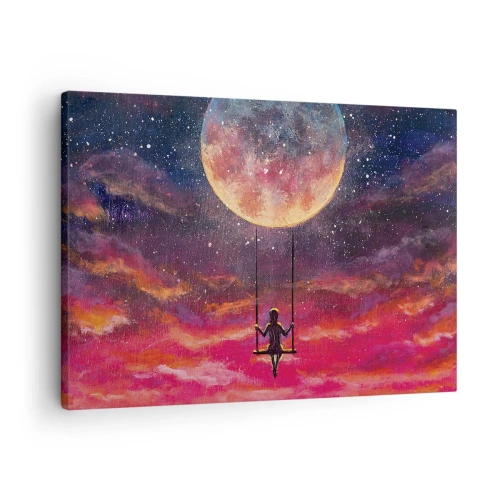 Quadro em tela - Uma figura em um balanço suspensa contra a lua - 70x50cm - Balanço nas nuvens - Decoração de parede moderna para a sala de estar e quarto ARTTOR