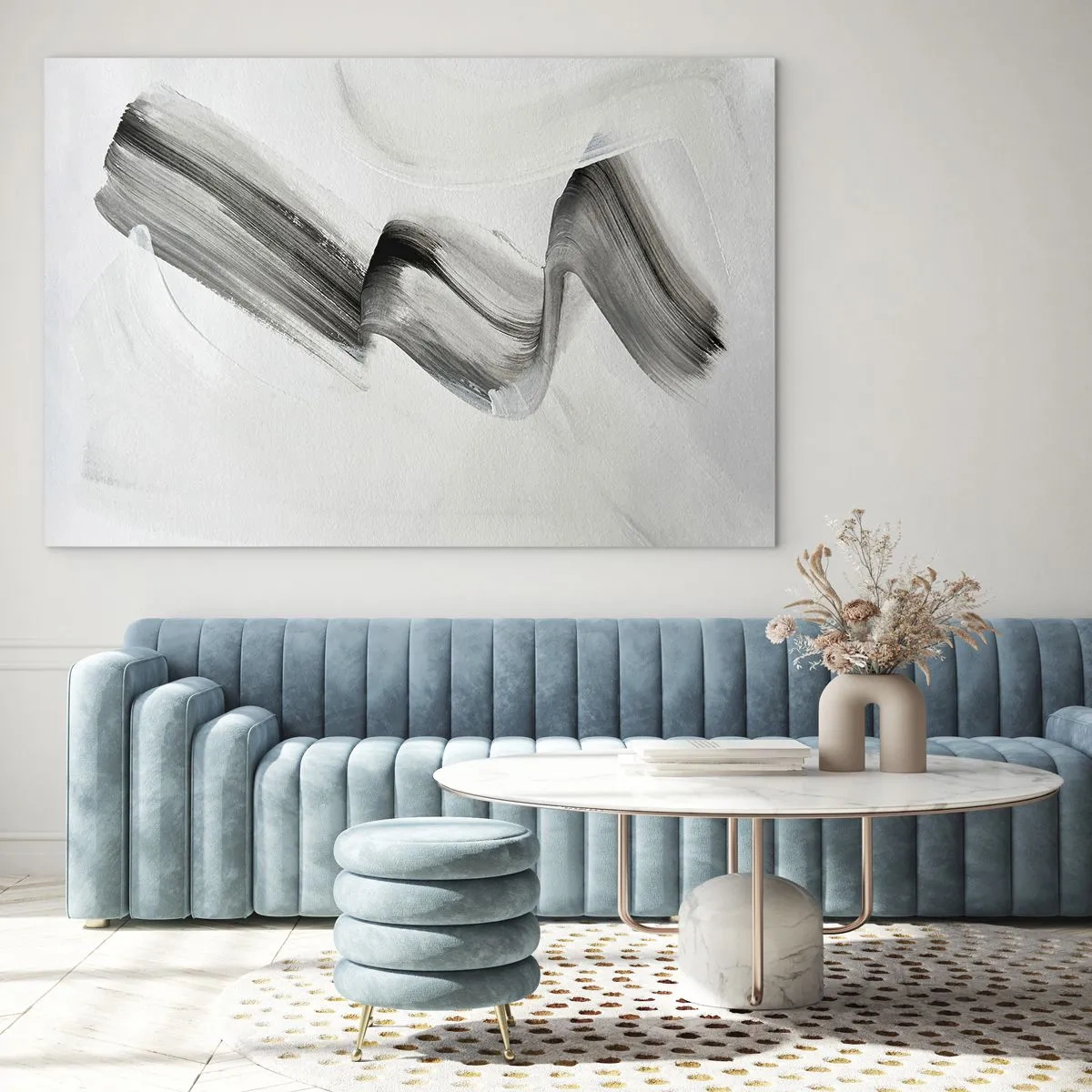 Quadro em vidro - Pincelada abstrata cinza sobre fundo claro - 70x50cm - Casualmente para se divertir - Decoração de parede moderna para a sala de estar e quarto ARTTOR