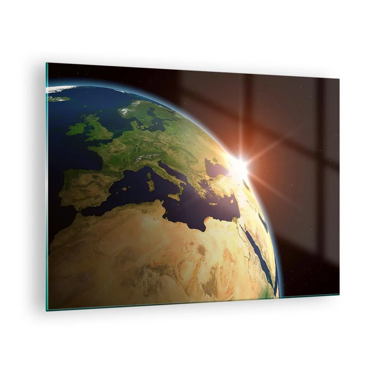 Quadro em vidro - Terra iluminada pelo sol nascente visto do espaço - 70x50cm - Nascer do Sol - Decoração de parede moderna para a sala de estar e quarto ARTTOR