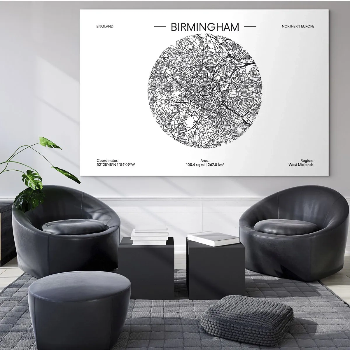 Quadro em vidro - Mapa preto e branco de Birmingham em um estilo gráfico moderno - 70x50cm - Anatomia de Birmingham - Decoração de parede moderna para a sala de estar e quarto ARTTOR