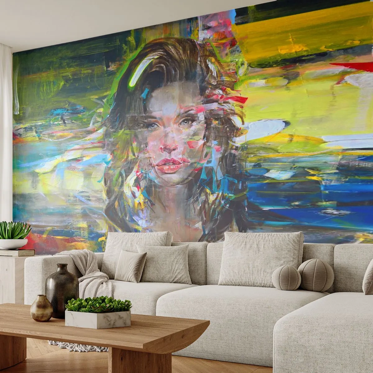 Papel de Parede Premium Canvas - Atrás da cortina de ar - Retrato de uma mulher, Face, Abstração - 450x315 cm
