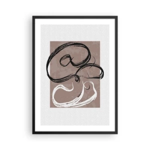 Pôster com moldura preta - Composição abstrata com pinceladas dinâmicas em preto e branco sobre fundo marrom. - 50x70cm - Composição – a busca pela plenitude - Decoração de parede moderna para a sala de estar e quarto ARTTOR