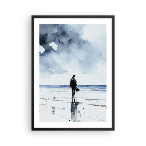 Pôster com moldura preta - Paisagem em aquarela com uma figura na praia - 50x70cm - Conversa com o mar - Decoração de parede moderna para a sala de estar e quarto ARTTOR