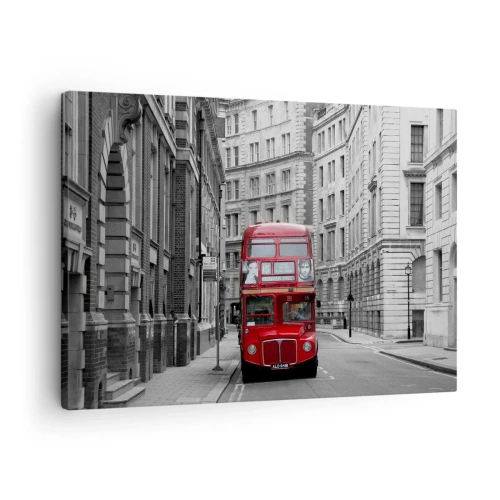 Quadro em tela - Um ônibus vermelho contra um fundo de prédios urbanos em preto e branco. - 70x50cm - A vida quotidiana não deve ser cinzenta - Decoração de parede moderna para a sala de estar e quarto ARTTOR