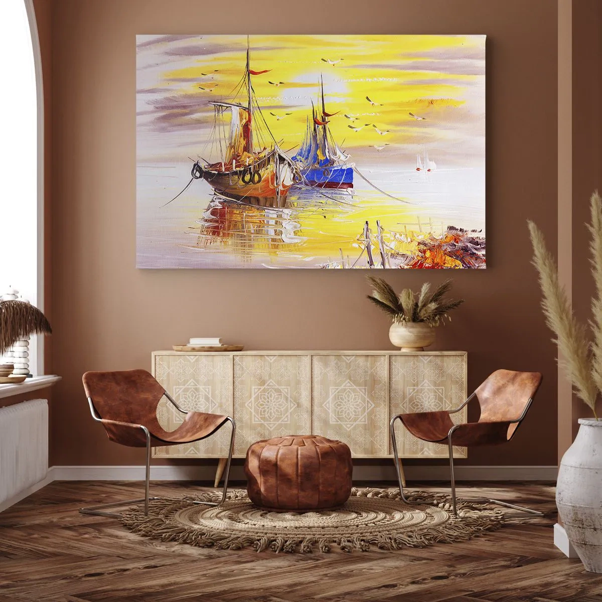 Quadro em tela - Uma cena pictórica de barcos em um mar calmo - 70x50cm - Um merecido descanso no porto - Decoração de parede moderna para a sala de estar e quarto ARTTOR