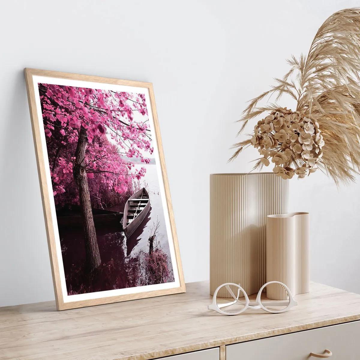 Pôster com moldura de carvalho claro - Em silêncio cor-de-rosa - 70x100 cm