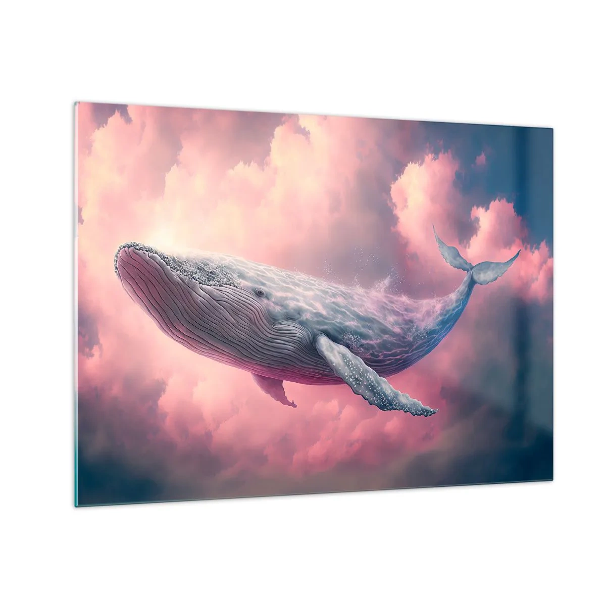Quadro em vidro - Uma baleia flutuando nas nuvens com um brilho rosa - 70x50cm - Esfregue seus olhos - Decoração de parede moderna para a sala de estar e quarto ARTTOR