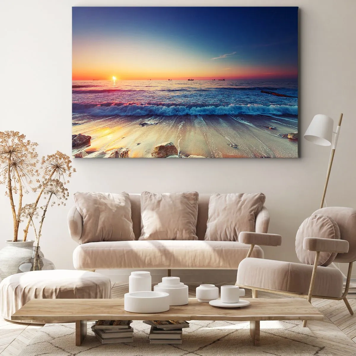 Quadro em tela - Pôr do sol sobre um mar calmo com ondas - 70x50cm - E além do horizonte? - Decoração de parede moderna para a sala de estar e quarto ARTTOR