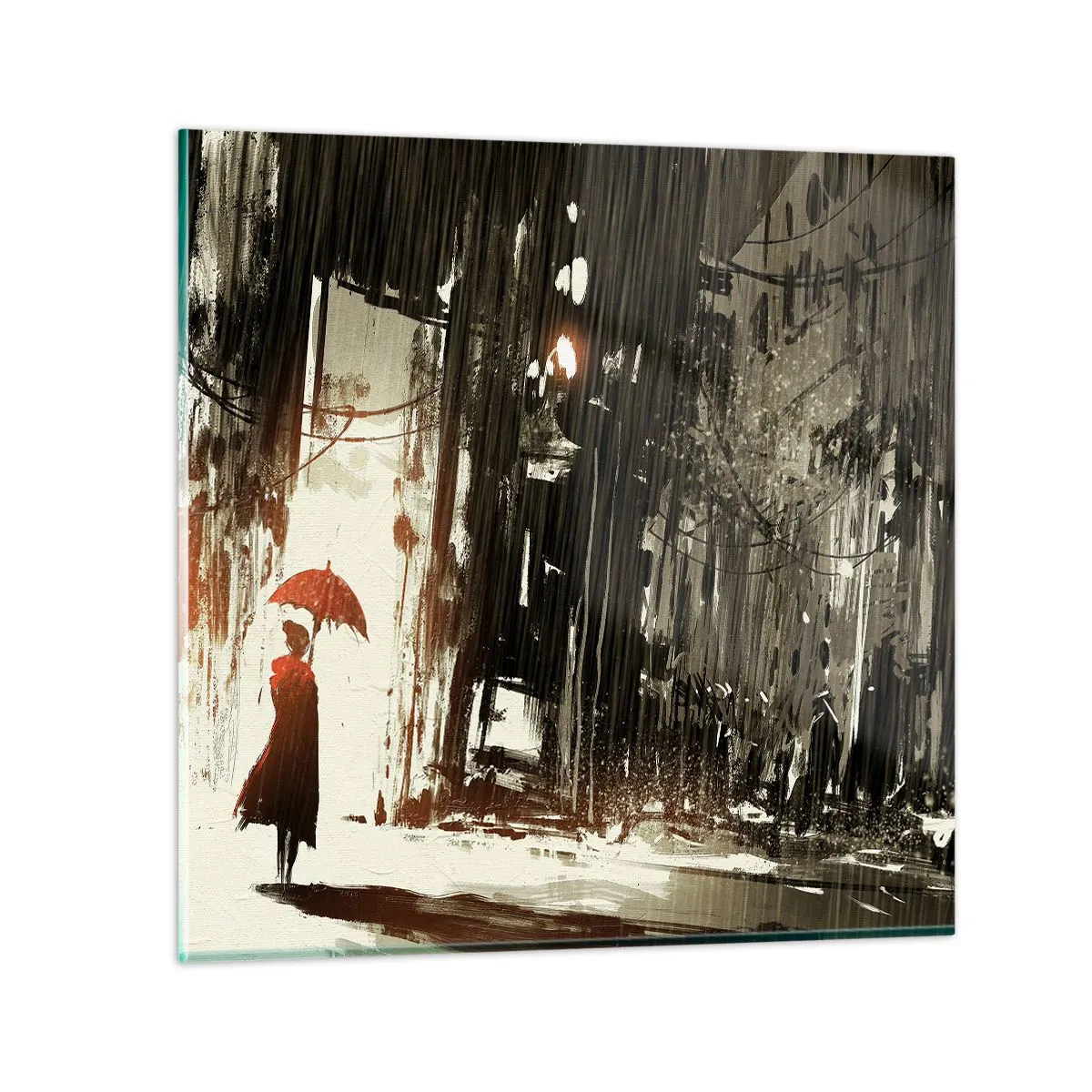 Quadro em vidro - A poesia do guarda-chuva vermelho - 30x30 cm