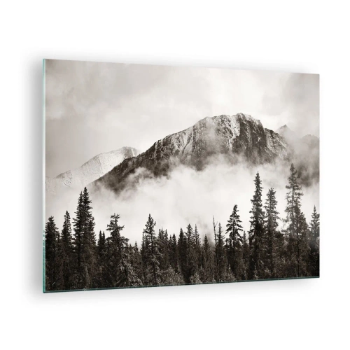 Quadro em vidro - Paisagem montanhosa com floresta e neblina em tons sépia - 70x50cm - O soberano de granito - Decoração de parede moderna para a sala de estar e quarto ARTTOR