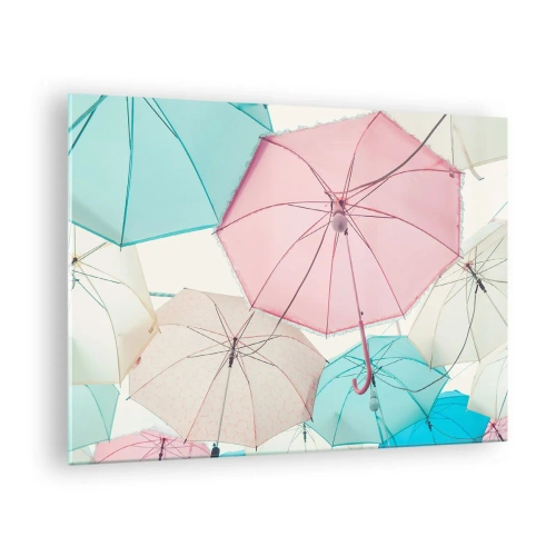 Quadro em vidro - Guarda-chuvas coloridos flutuando no ar - 70x50cm - Às vezes sol, às vezes chuva - Decoração de parede moderna para a sala de estar e quarto ARTTOR