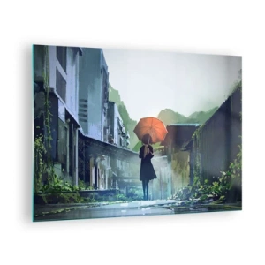 Quadro em vidro - Uma figura com um guarda-chuva laranja em uma rua chuvosa - 70x50cm - Chuva revigorante - Decoração de parede moderna para a sala de estar e quarto ARTTOR