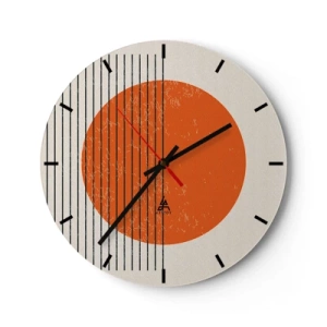 Relógio de parede - Relógio em vidro - Círculo laranja e linhas pretas em um fundo bege - 30x30cm - Sempre sol - Decoração de parede moderna para a sala de estar, cozinha e quarto ARTTOR
