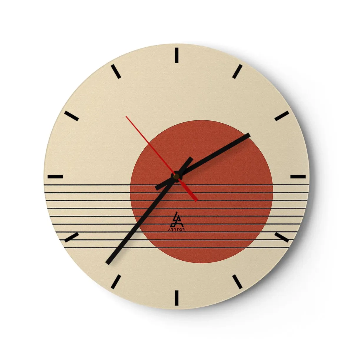 Relógio de parede - Relógio em vidro - Motivo geométrico com um círculo laranja e linhas pretas - 30x30cm - Em círculo e mais além - Decoração de parede moderna para a sala de estar, cozinha e quarto ARTTOR