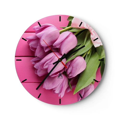 Relógio de parede - Relógio em vidro - Um buquê de tulipas cor-de-rosa em um fundo rosa - 30x30cm - Só para si - Decoração de parede moderna para a sala de estar, cozinha e quarto ARTTOR