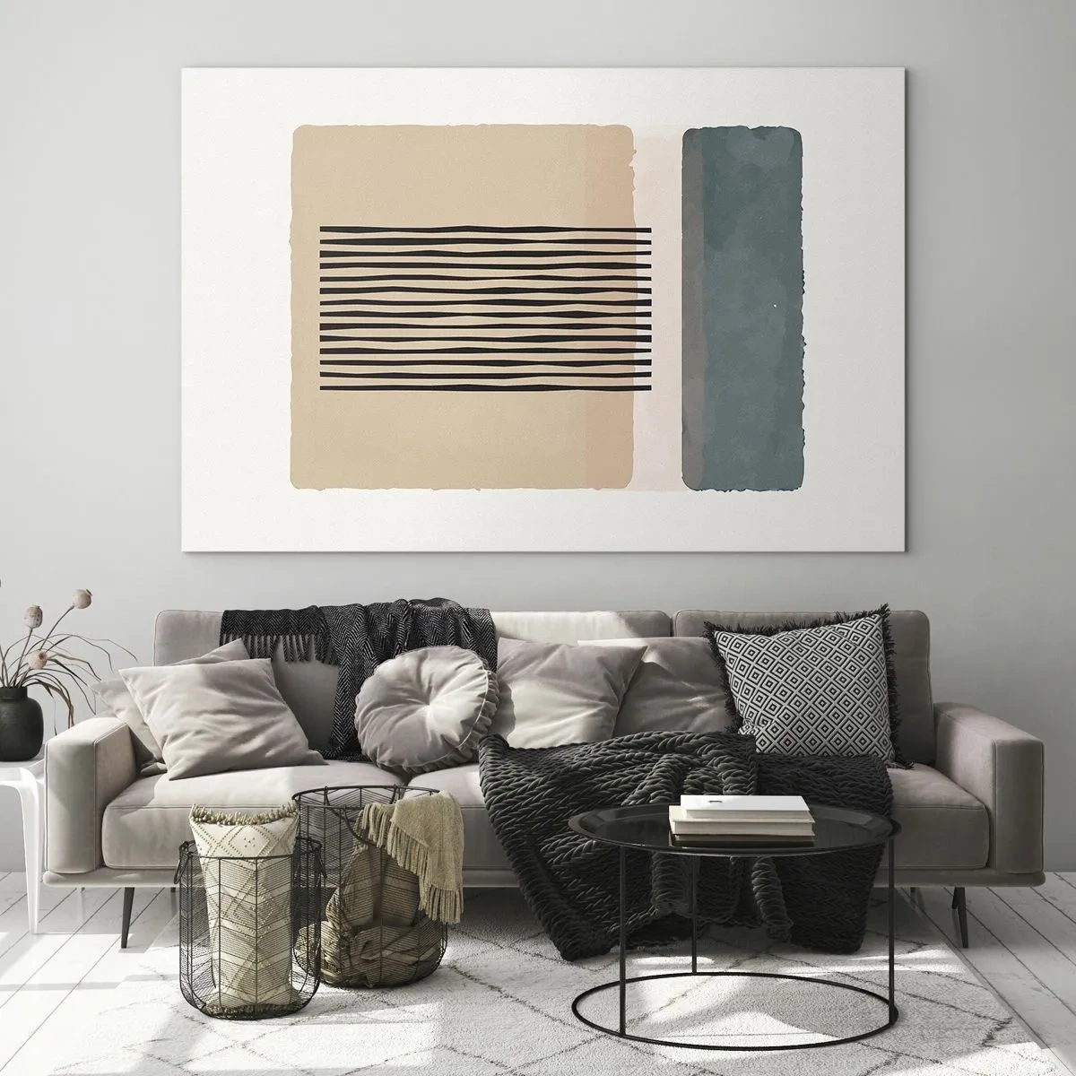 Quadro em vidro - Composição geométrica com listras e blocos de cores - 70x50cm - Está tudo bem - Decoração de parede moderna para a sala de estar e quarto ARTTOR