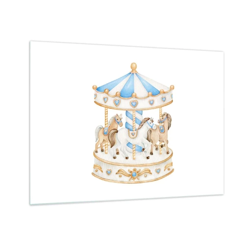 Quadro em vidro - Um carrossel com cavalos em cores pastel - 70x50cm - Doce infância - Decoração de parede moderna para a sala de estar e quarto ARTTOR