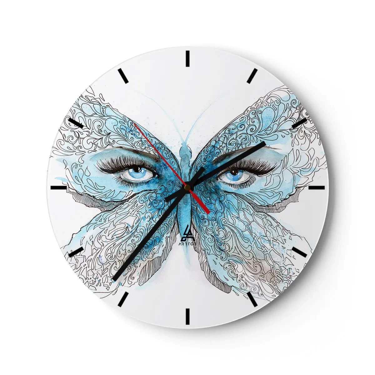 Relógio de parede - Relógio em vidro - Borboleta azul com detalhes nos olhos e delicado padrão artístico - 30x30cm - Borboleta eros - Decoração de parede moderna para a sala de estar, cozinha e quarto ARTTOR
