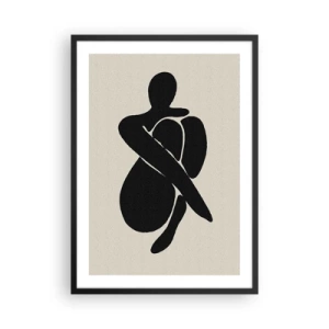 Pôster com moldura preta - Figura abstrata em pose com os braços em volta do corpo, ilustração em preto e branco - 50x70cm - Em seus próprios braços - Decoração de parede moderna para a sala de estar e quarto ARTTOR