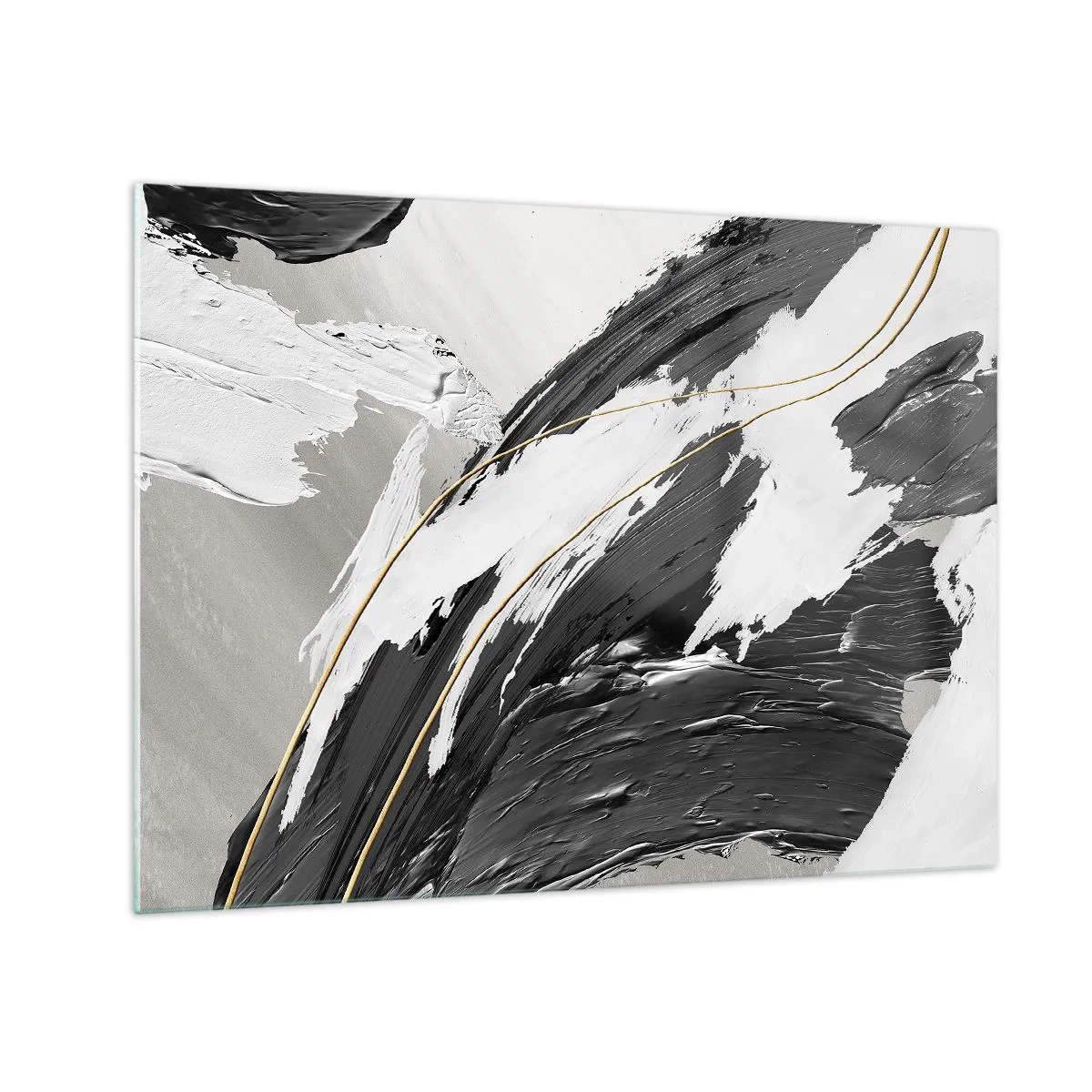 Quadro em vidro - Traços dinâmicos de preto e branco com detalhes dourados - 70x50cm - Abstração em grande escala - Decoração de parede moderna para a sala de estar e quarto ARTTOR