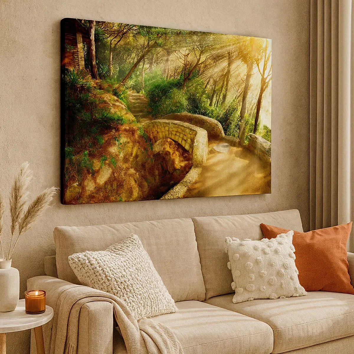 Quadro em tela - Paisagem florestal com raios de sol e uma ponte de pedra - 70x50cm - Direto da ponte para a floresta de contos de fadas - Decoração de parede moderna para a sala de estar e quarto ARTTOR