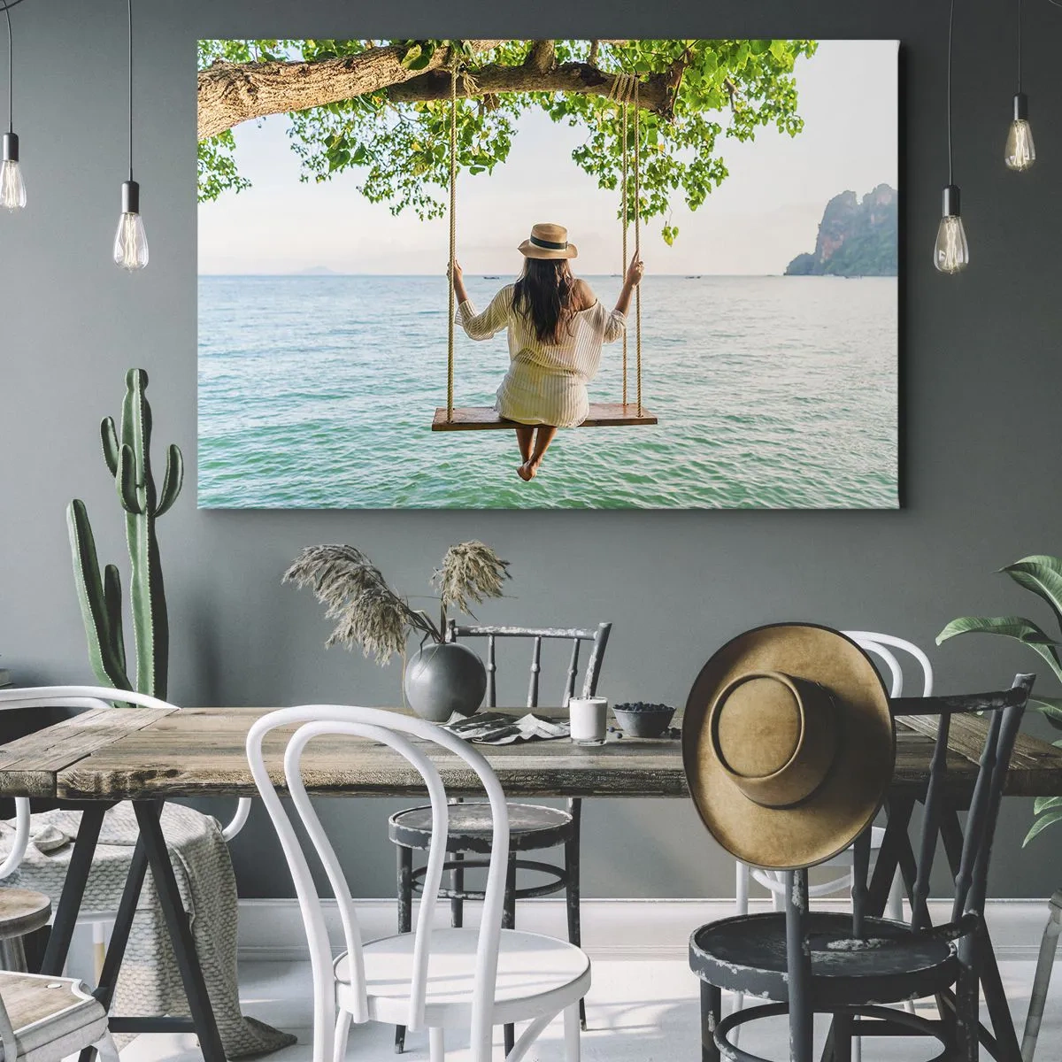 Quadro em tela - Mulher em um balanço à beira-mar em uma paisagem tropical - 70x50cm - A vida é bela - Decoração de parede moderna para a sala de estar e quarto ARTTOR