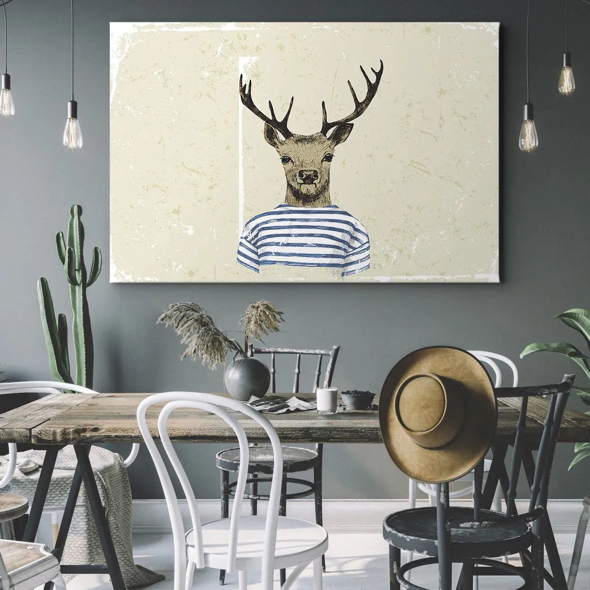 Quadro em tela - Um cervo com uma camisa listrada em um fundo claro com uma textura delicada - 70x50cm - Porque eu gosto de camisas listradas! - Decoração de parede moderna para a sala de estar e quarto ARTTOR