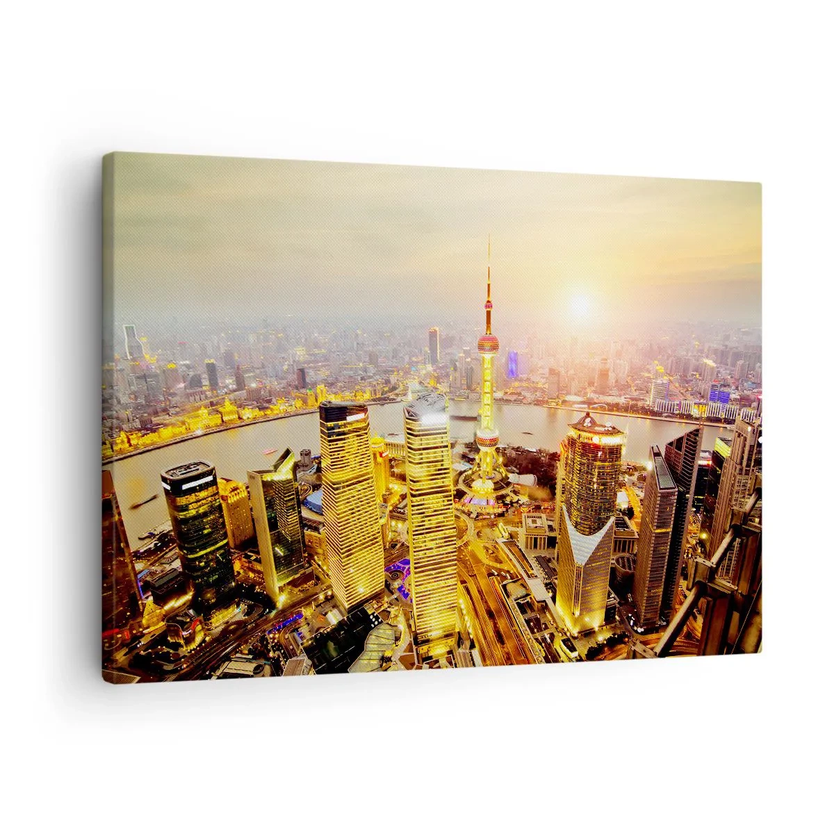 Quadro em tela - Panorama da cidade com arranha-céus ao pôr do sol - 70x50cm - Sonho asiático - Decoração de parede moderna para a sala de estar e quarto ARTTOR