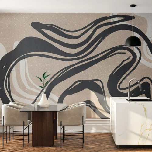 Papel de Parede Standard Eco - Linhas pretas expressivas em um fundo bege - 100x70cm - Expressão multiplicada - Decoração de parede moderna para a sala de estar e quarto ARTTOR
