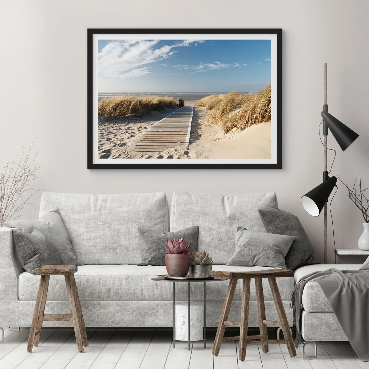 Pôster com moldura preta - Atrás da duna, ao som da relva - 100x70 cm