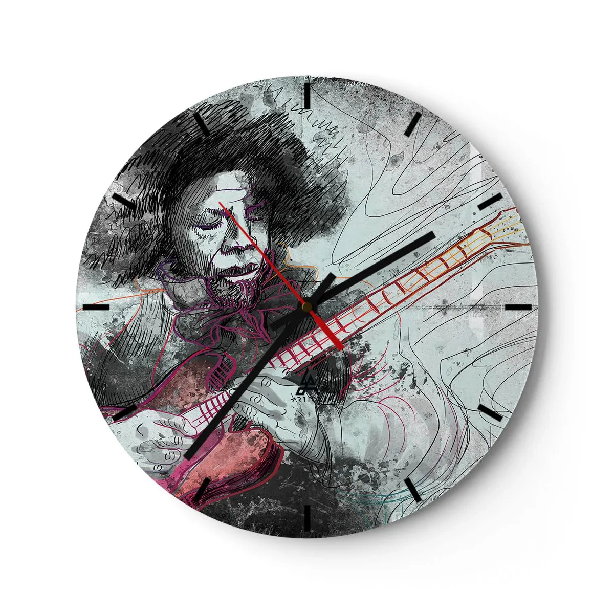 Relógio de parede - Relógio em vidro - Motivo artístico de guitarrista em tons pastel - 30x30cm - Nas ondas da música - Decoração de parede moderna para a sala de estar, cozinha e quarto ARTTOR