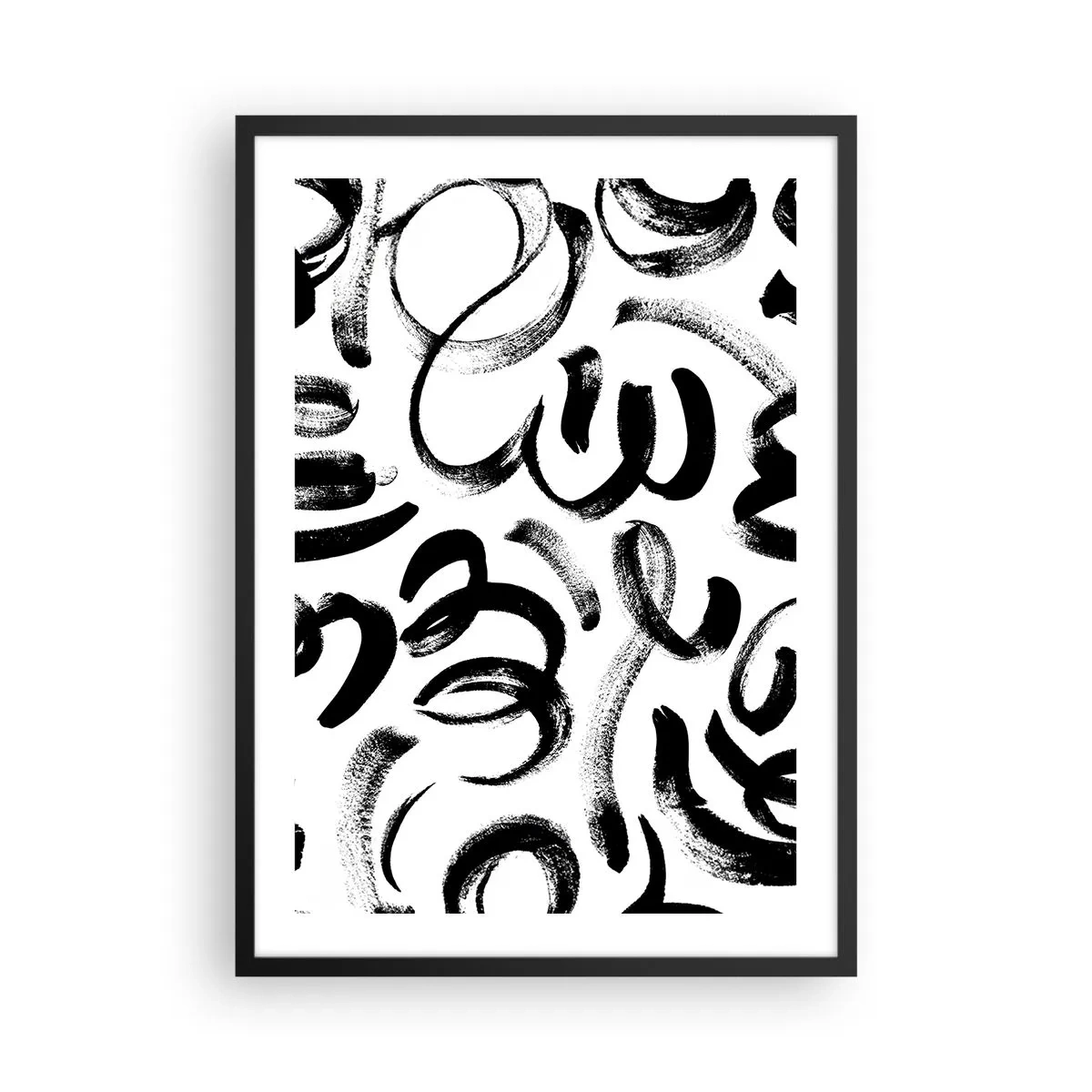 Pôster com moldura preta - Pinceladas pretas abstratas em um fundo branco - 50x70cm - Preto sobre branco - Decoração de parede moderna para a sala de estar e quarto ARTTOR