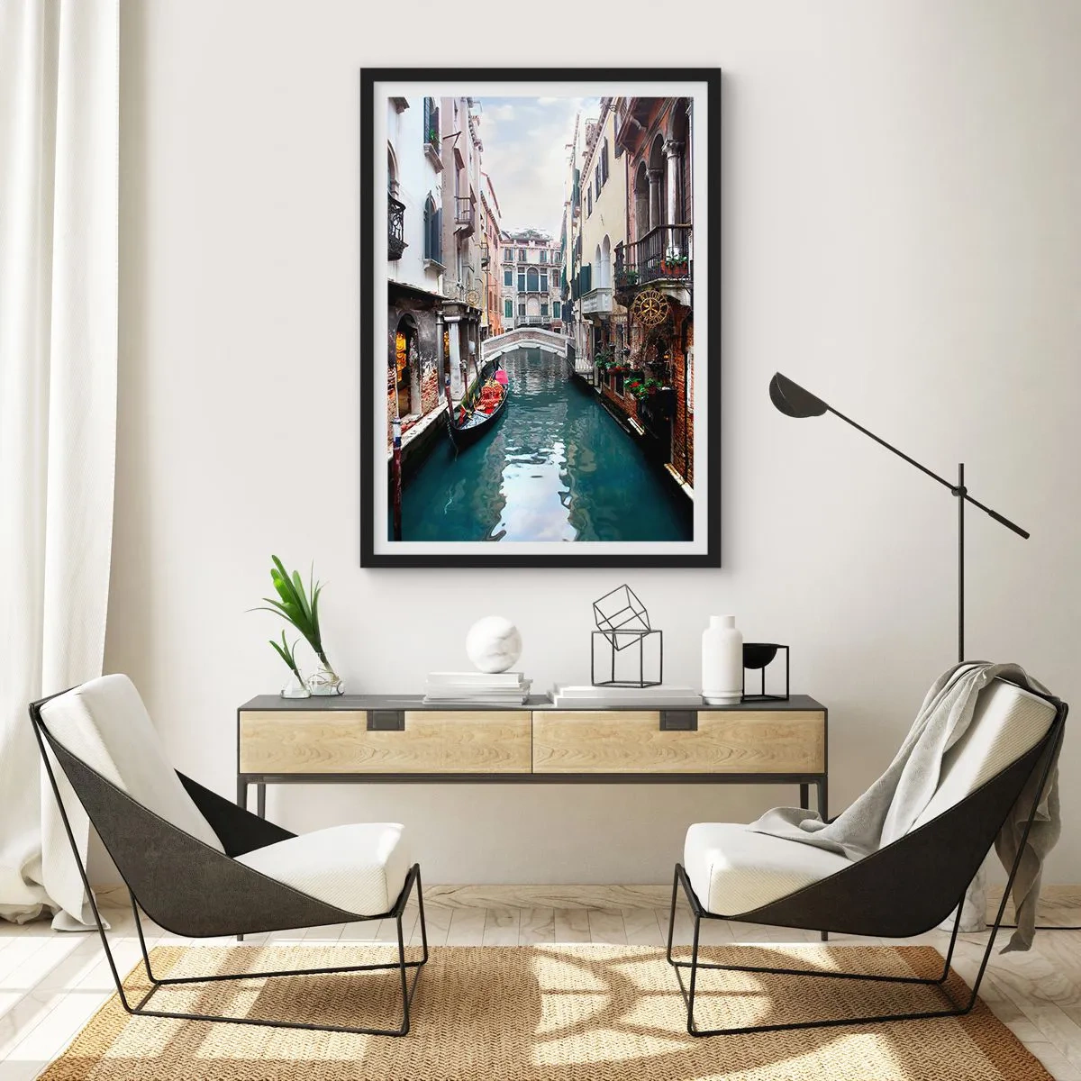 Pôster com moldura preta - Paisagem veneziana com gôndola e ponte - 61x91 cm