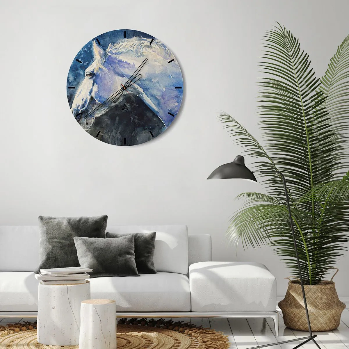 Relógio de parede - Relógio em vidro - Retrato artístico de um cavalo em tons de azul e branco - 30x30cm - Retrato com um brilho azul - Decoração de parede moderna para a sala de estar, cozinha e quarto ARTTOR