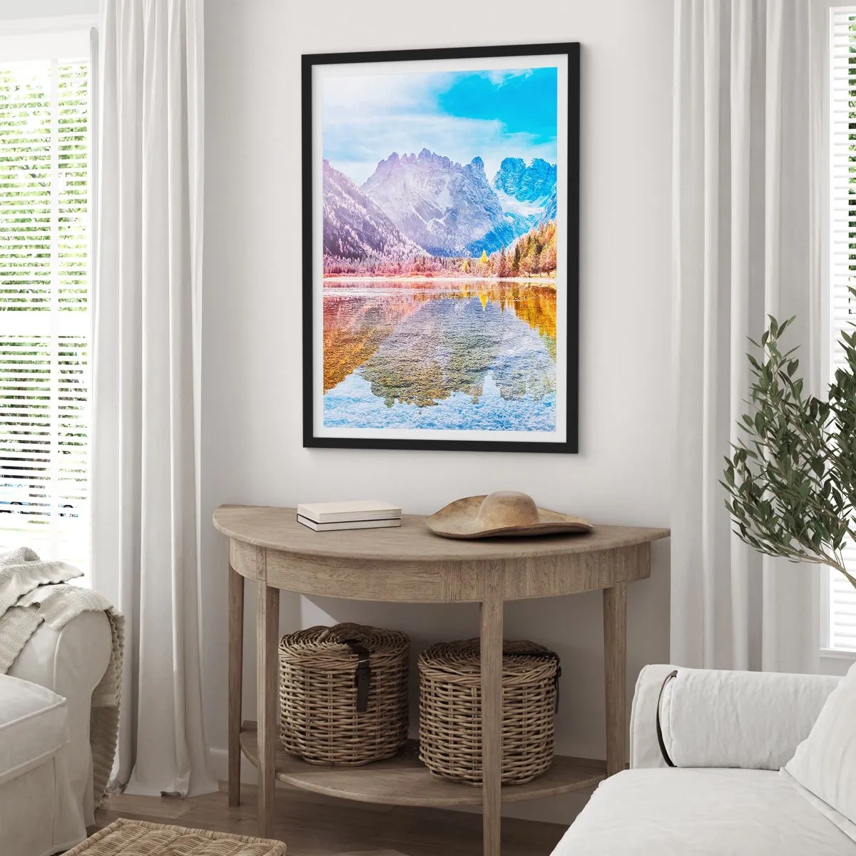 Pôster com moldura preta - Paisagem montanhosa com um lago e cores de outono - 50x70cm - E nas montanhas é outono - Decoração de parede moderna para a sala de estar e quarto ARTTOR