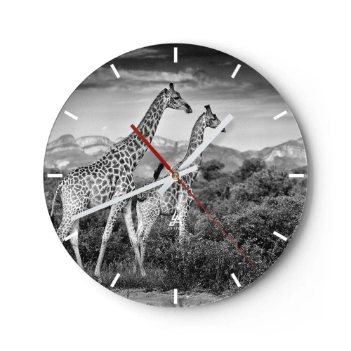 Relógio de parede - Relógio em vidro - Uma fotografia em preto e branco de duas girafas na savana. - 30x30cm - Alta Sociedade na África - Decoração de parede moderna para a sala de estar, cozinha e quarto ARTTOR