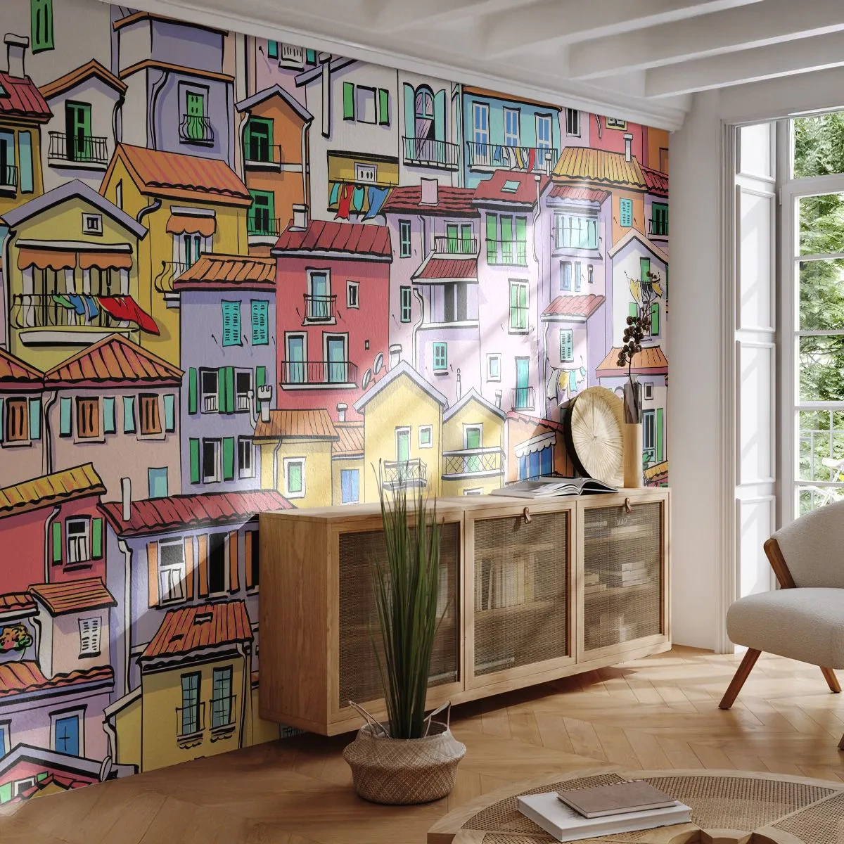 Papel de Parede Autocolante Deluxe Sticker - Cidade divertida - Cidade, Cortiços, Casas - 200x140 cm