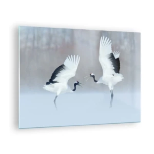 Quadro em vidro - Guindastes dançantes tendo como pano de fundo uma paisagem de inverno - 70x50cm - Dança no nevoeiro - Decoração de parede moderna para a sala de estar e quarto ARTTOR