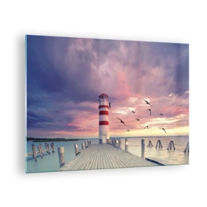 Quadro em vidro - Farol no cais ao pôr do sol com pássaros voando - 70x50cm - Hora de ir ao porto - Decoração de parede moderna para a sala de estar e quarto ARTTOR