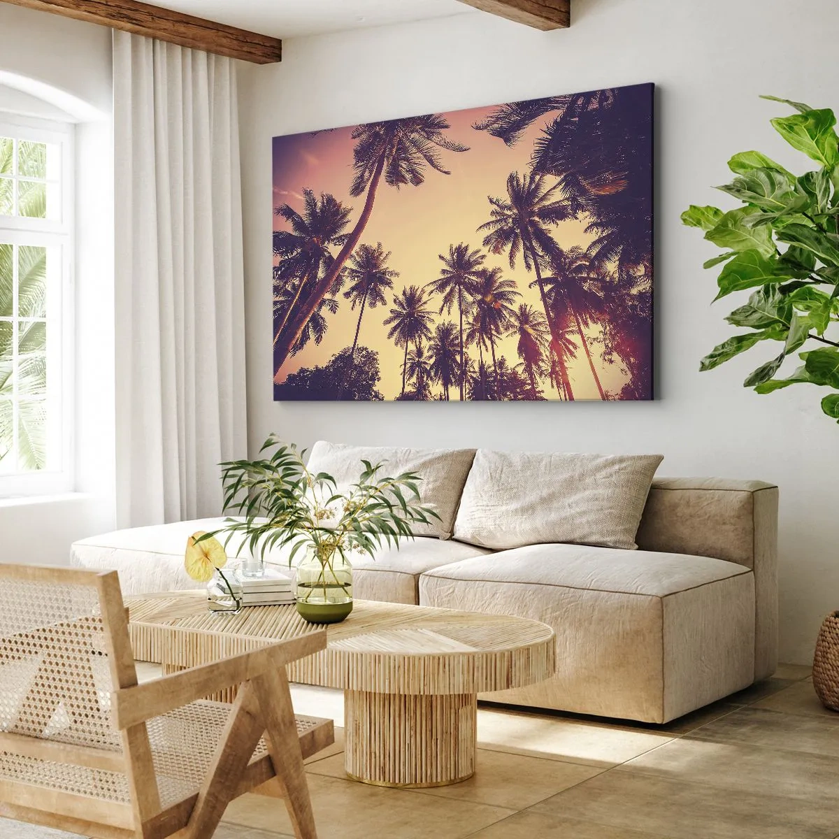 Quadro em tela - Palmeiras contra o céu com cores quentes do pôr do sol - 70x50cm - Variação tropical - Decoração de parede moderna para a sala de estar e quarto ARTTOR