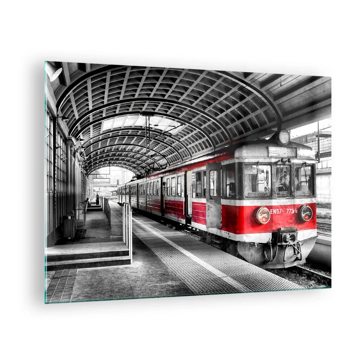 Quadro em vidro - Trem vermelho na estação sob um teto - 70x50cm - Talvez seja a viagem de sua vida? - Decoração de parede moderna para a sala de estar e quarto ARTTOR